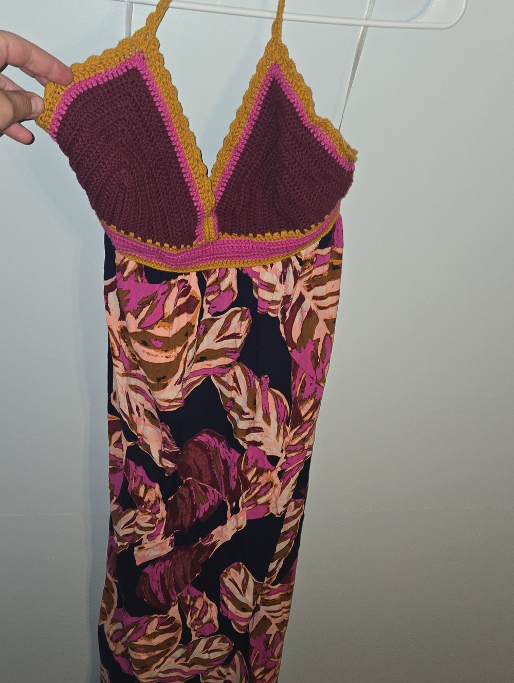 Mossimo Tropical Maxi Dress with Mustard Maroon And Pink Crochet Top, XL